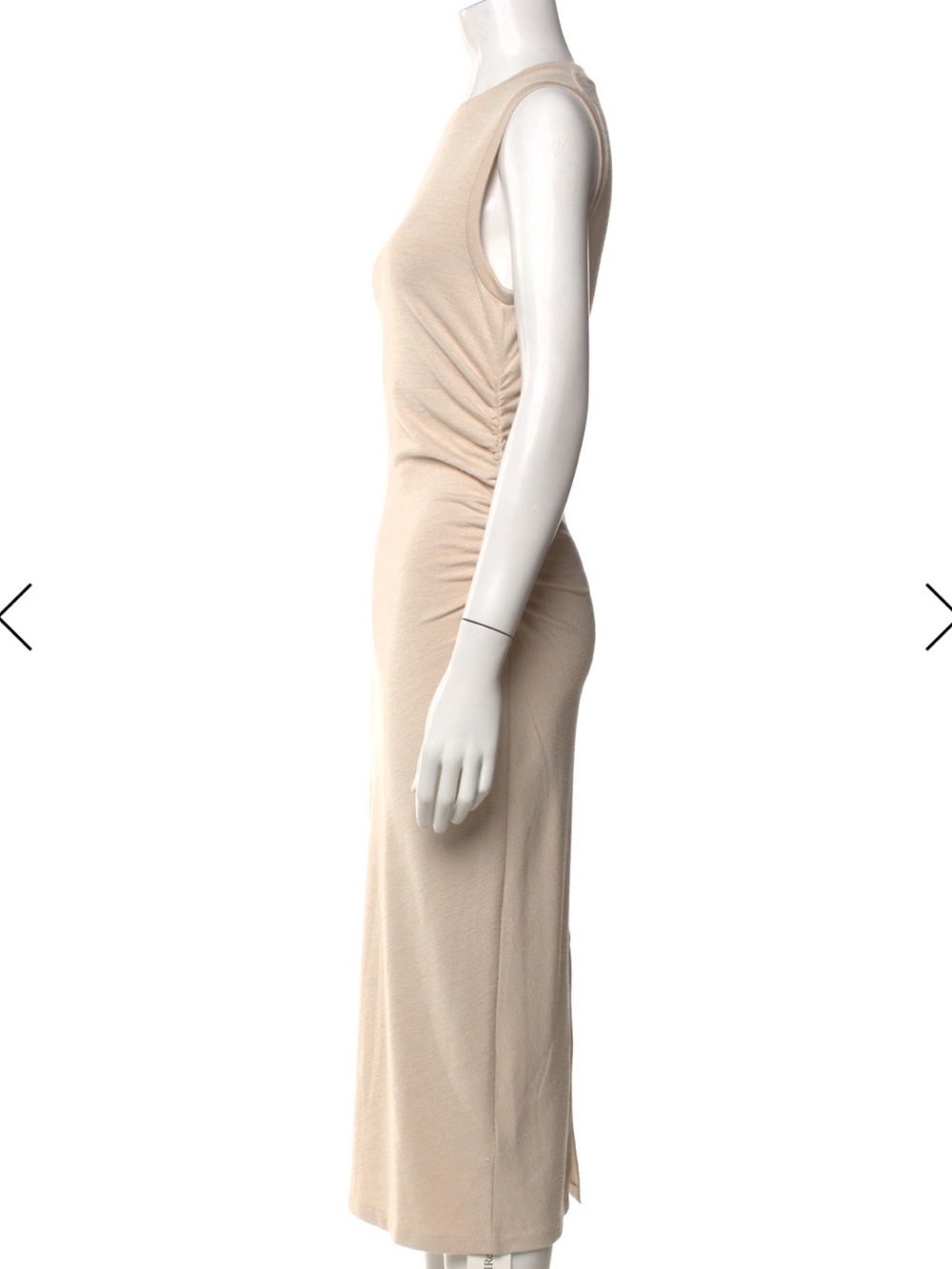 Vince Sleeveless Ruched Side Midi Dress in Beige